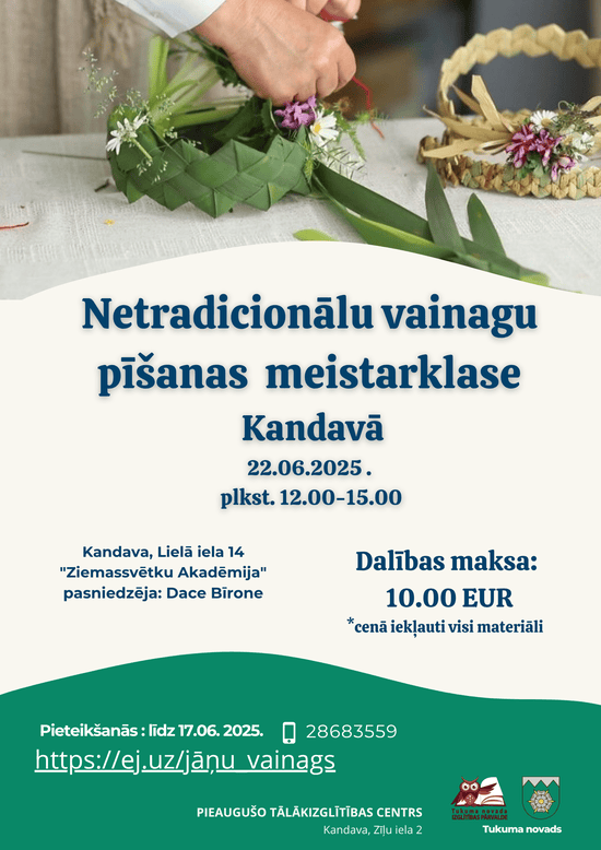 Netradicionālu vainagu pīšanas meistarklases afiša.