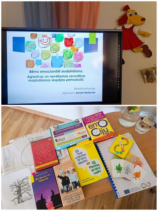 1. Slaids no pedagogu pilnveides kursiem bērnu emocionālajā audzināšanā; 2.Grāmatas par bērnu emocionālo audzināšanu.