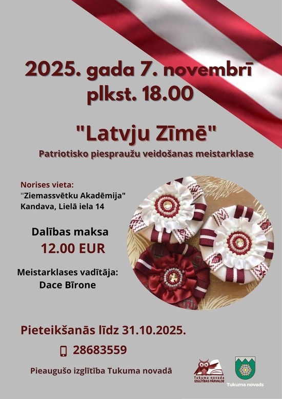 Patriotisko piespraužu veidošanas meistarklase "Latvju zīmē" afiša