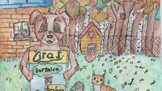 Vizuālās mākslas konkursa "LIDICE 2026" mākslas darbs - sunītis grafikas stilā.