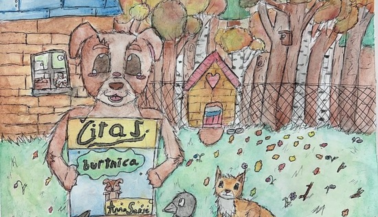 Vizuālās mākslas konkursa "LIDICE 2026" mākslas darbs - sunītis grafikas stilā.